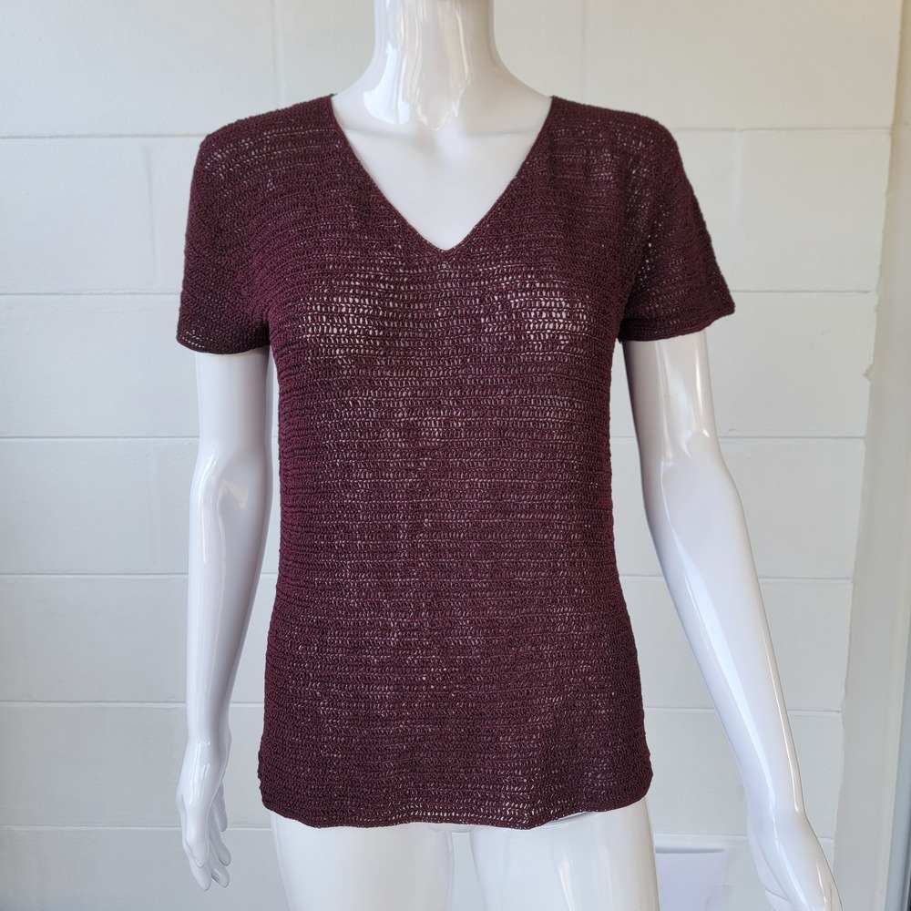 Vintage Y2K Cynthia Steffe Crochet Top Burgundy Sweater Knit Women Size M Sheer